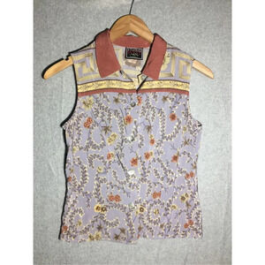 Womens Studio West Button Up Vest Top Orange Blue Floral Pastel Vintage